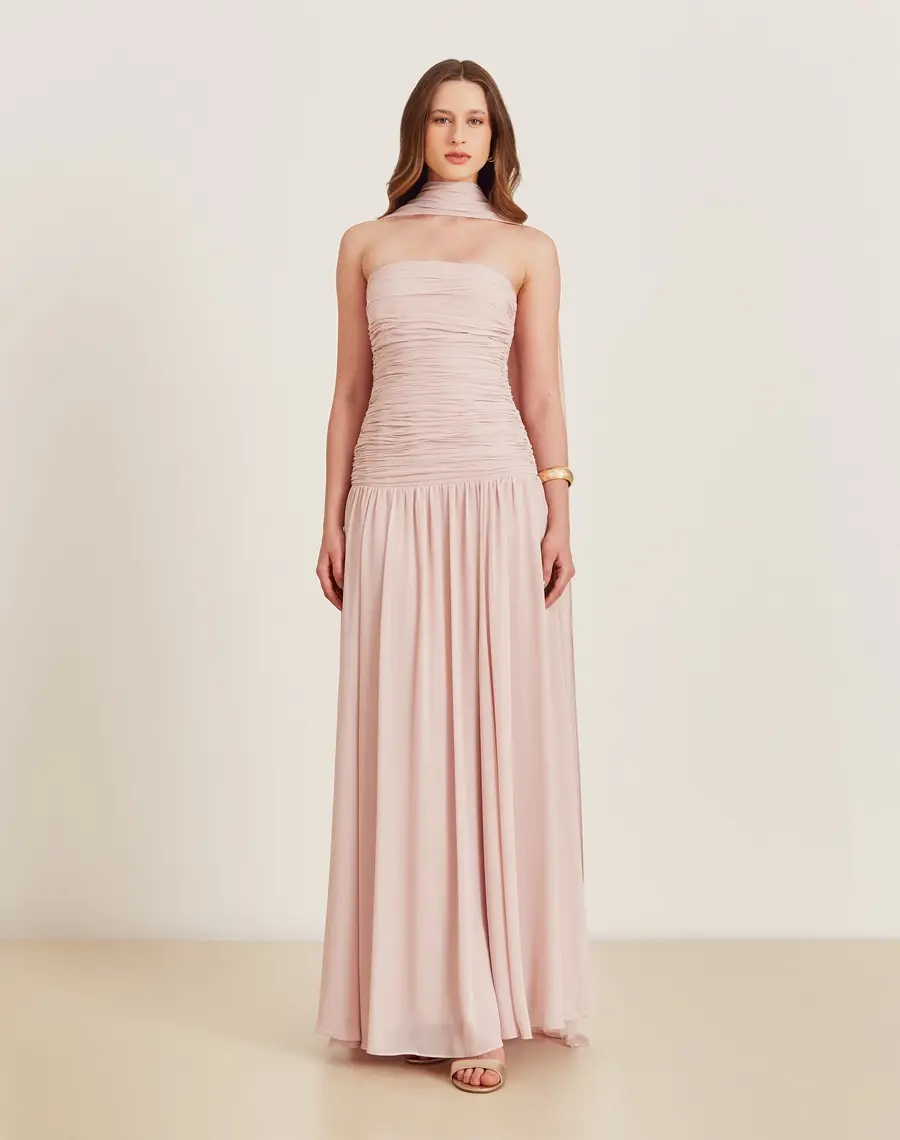 Miniatura: Vestido longo Lana rosa claro drapeado tomara que caia Amissima