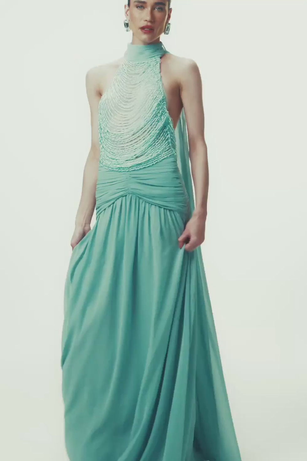 Miniatura: Vestido longo bordado silk plisse Lila azul esverdeado PatBo