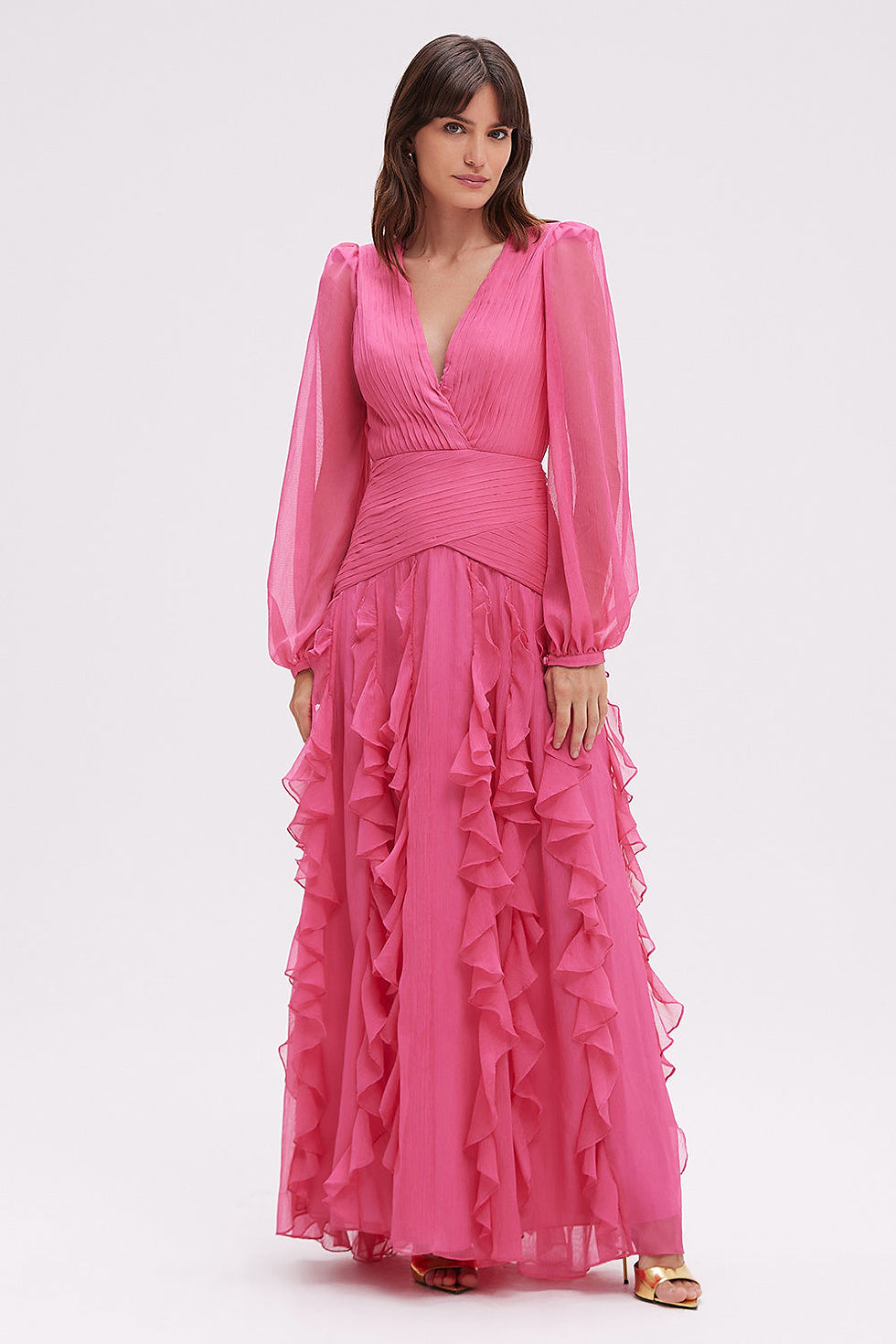 Miniatura: Vestido longo manga longa silky babados rosa pink  PatBo 