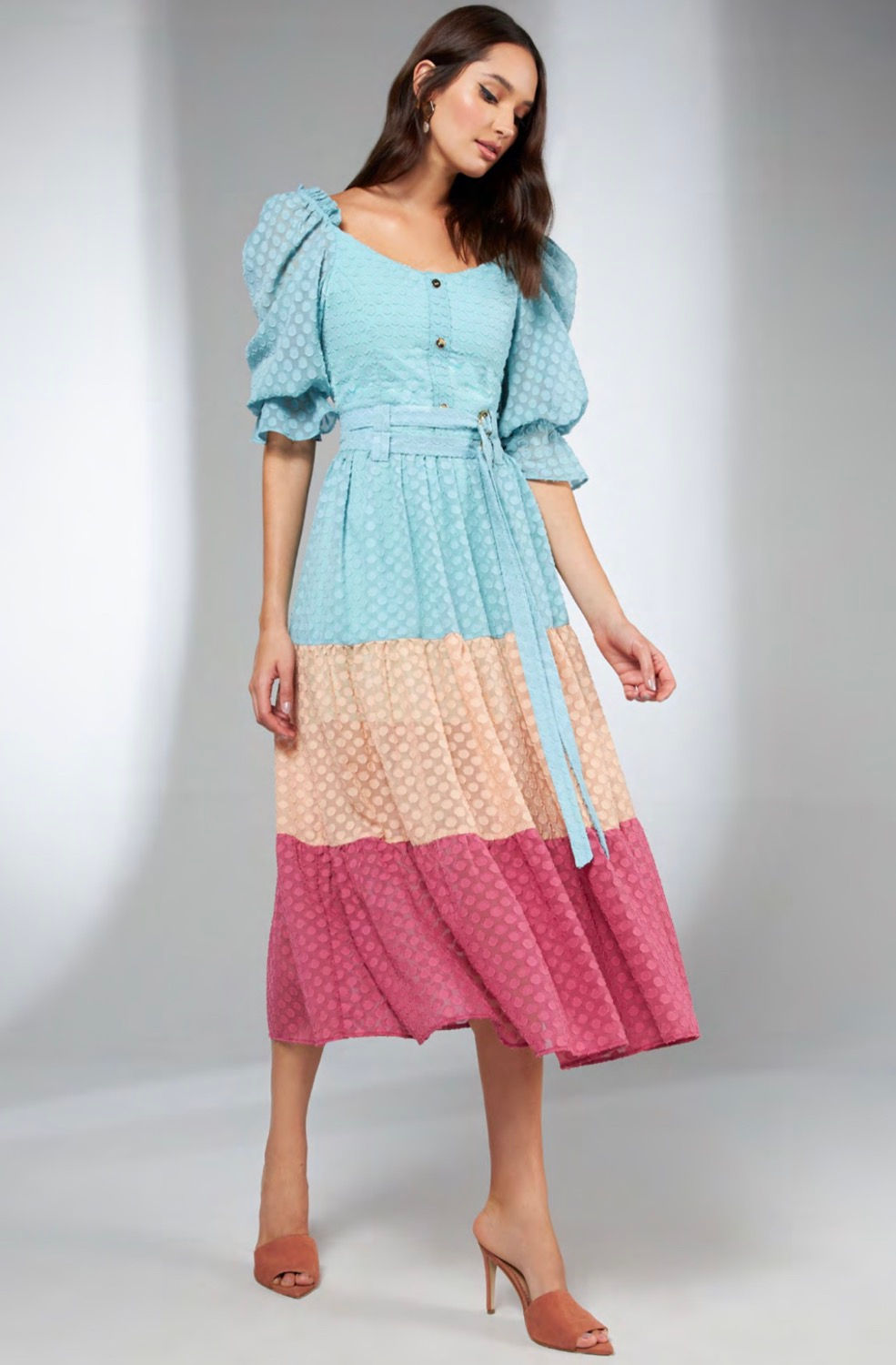 Vestido midi três cores detalhe poa Skazi Sclub 