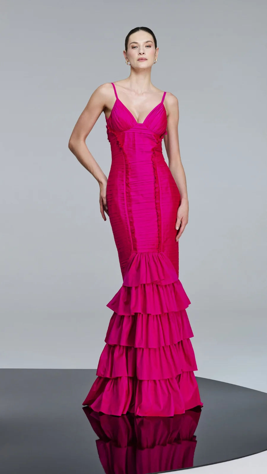Vestido longo sereia drapeado babados cascata rosa pink Fatima Scofield