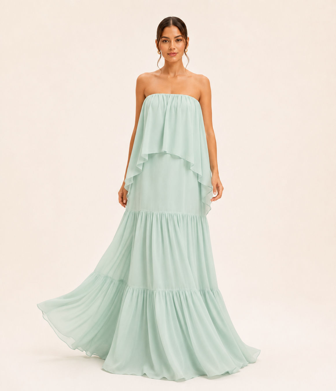 Vestido longo fluido tomara que caia com babado verde agua Arte Sacra