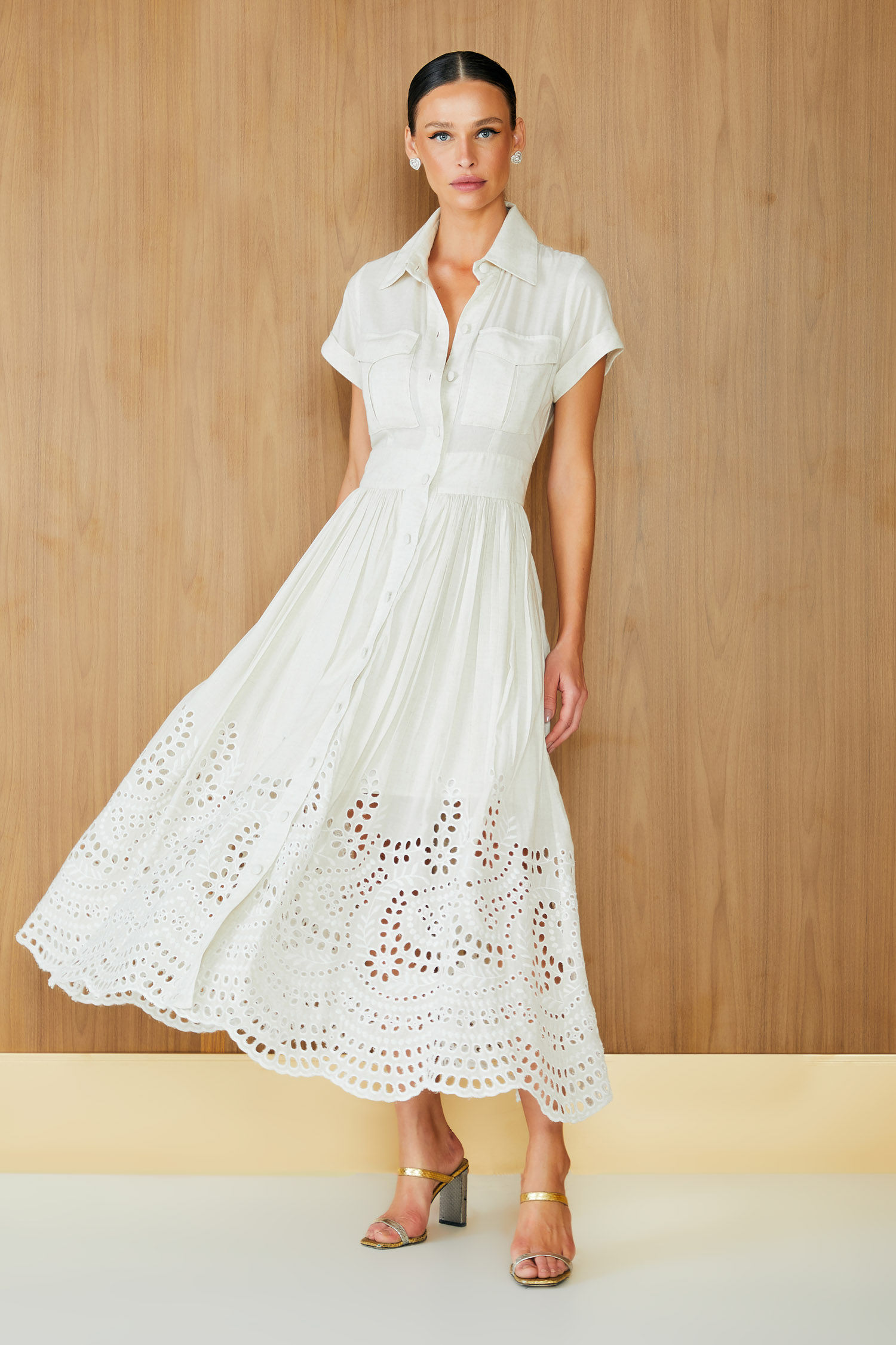 Vestido midi chemise linho richilieu off white Agilita