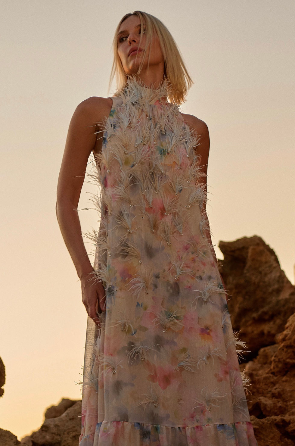 Thumbnail:  Vestido longo bordado em plumas e cristais Elisabete floral aquarela LN Brand