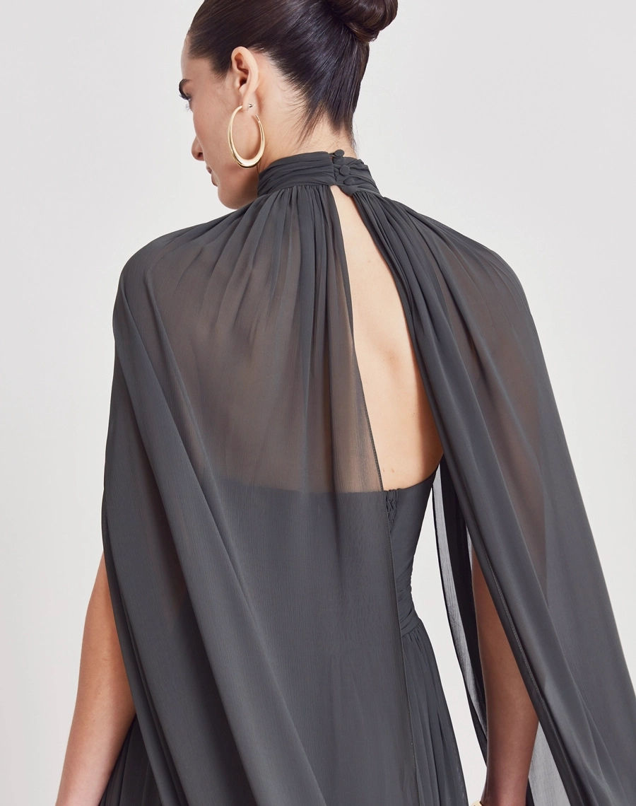 Miniatura: Vestido longo Harper com manga capa cinza chumbo Amissima