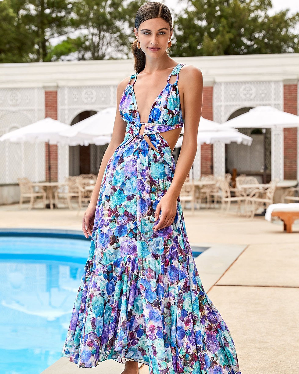 Vestido longo recortes hot pants cotton flowers azul PatBo