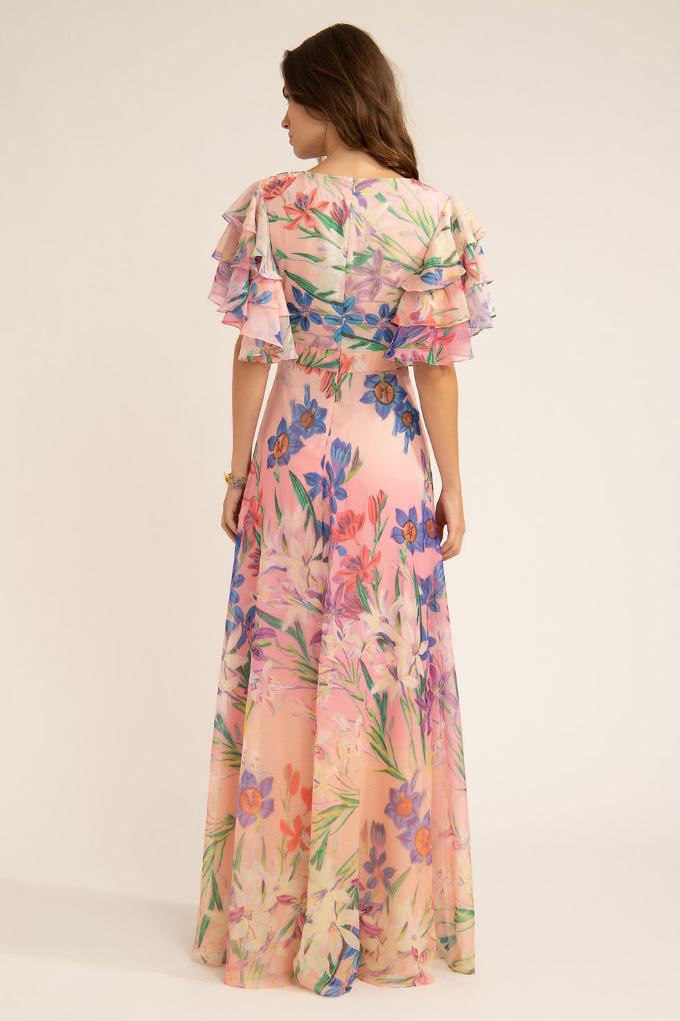 Miniatura: Vestido longo bordado manga babados Anastacia rosa PatBo