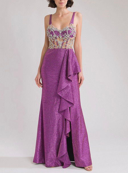 Miniatura: Vestido longo rosa em lurex com recortes e bordados de pedrarias PatBo