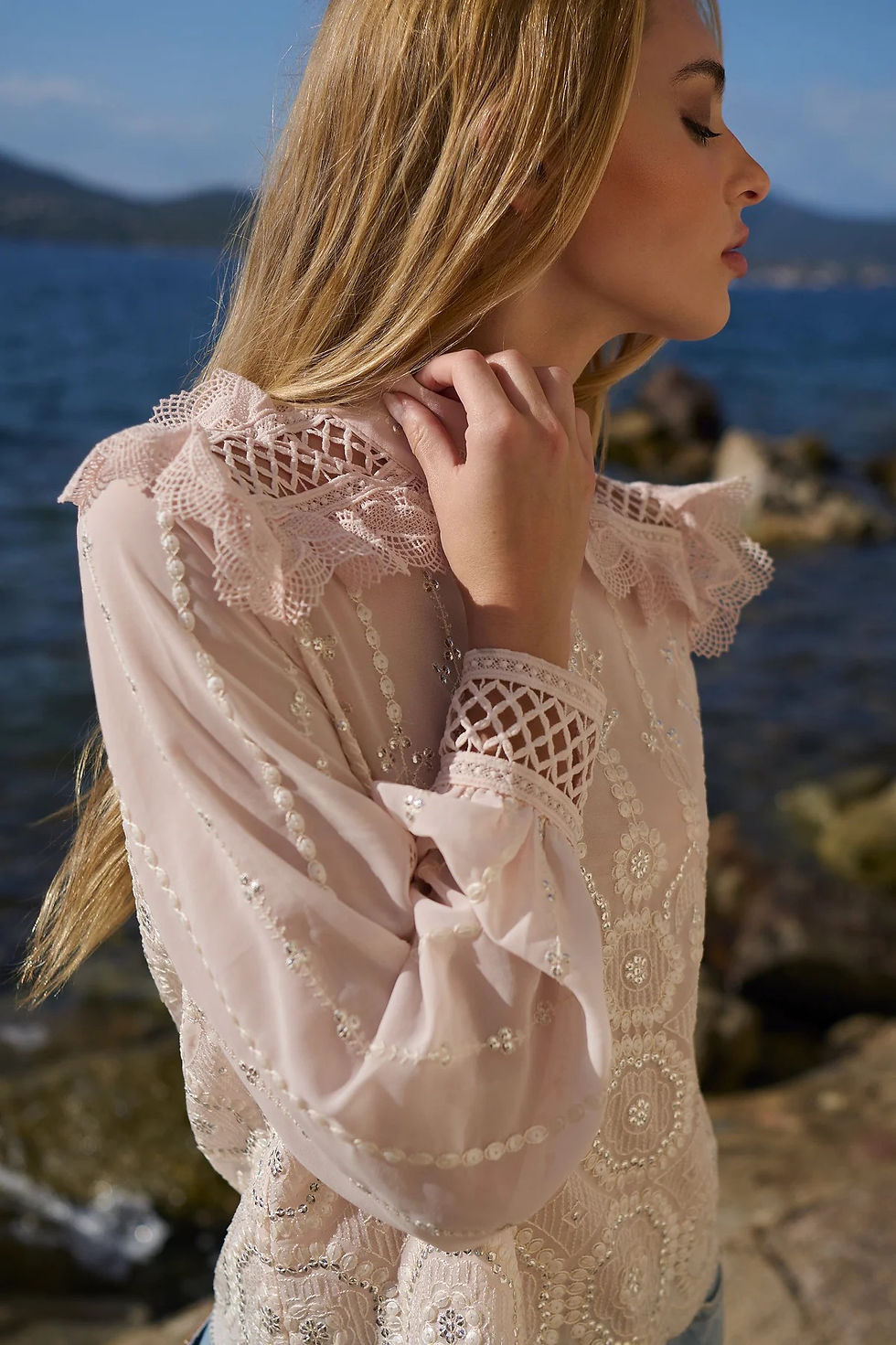 Miniatura: Blusa em tecido bordado indiano Bianca rosa pastel LN Brand