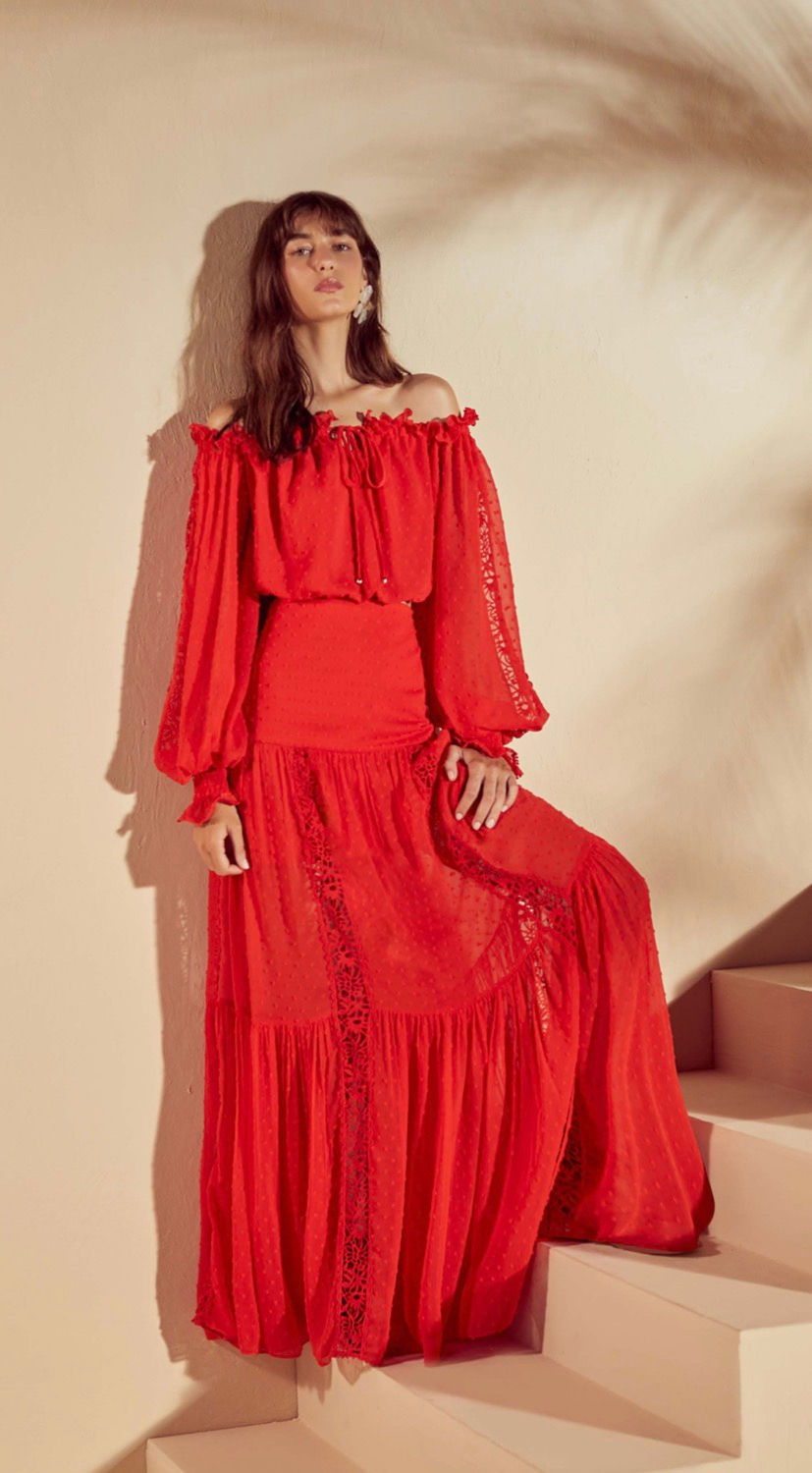 Miniatura: Conjunto blusa e saia tecido bordado vermelho Skazi