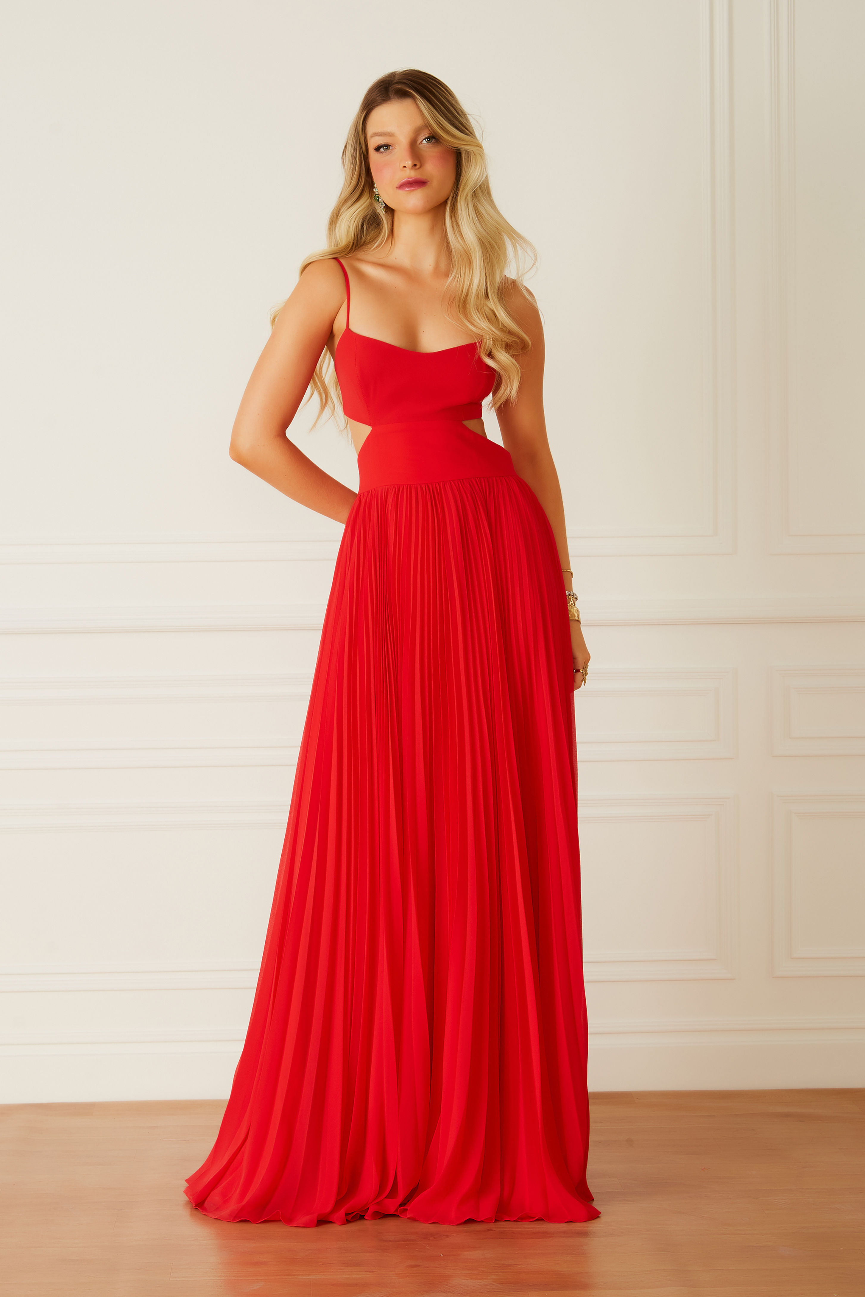 Vestido longo Cecilia red Fabulous Agilita plissado vermelho