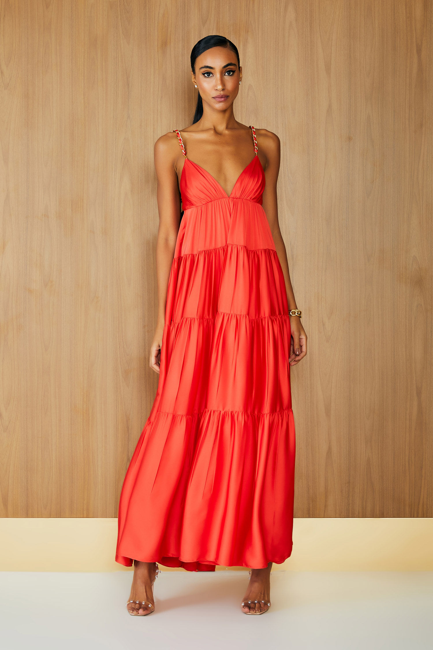 Vestido longo alcinha corrente vermelho Ibiza Agilita