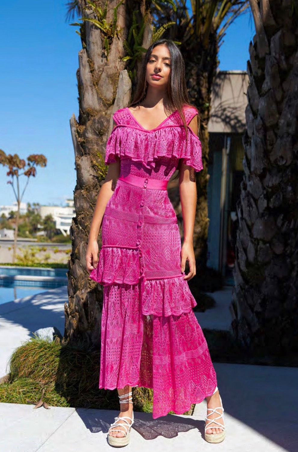 Vestido longo bandagem babados pink Skazi Sclub  