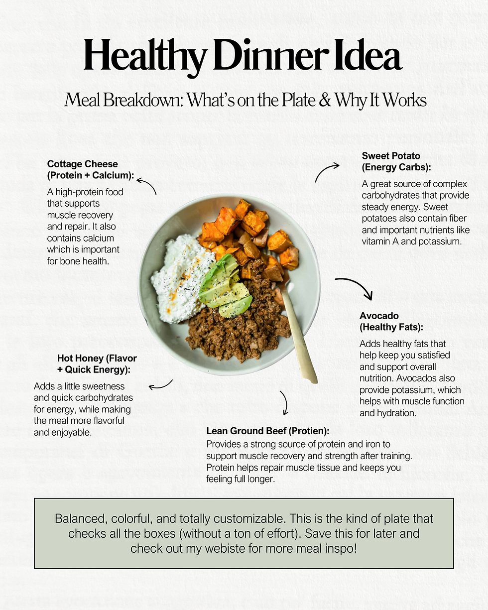 This bowl has a mix of everything your body needs. The lean ground beef gives you protein to help repair muscle after training, plus iron to support your energy levels. If you’ve ever felt unusually tired during workouts, not getting enough iron can be part of it.