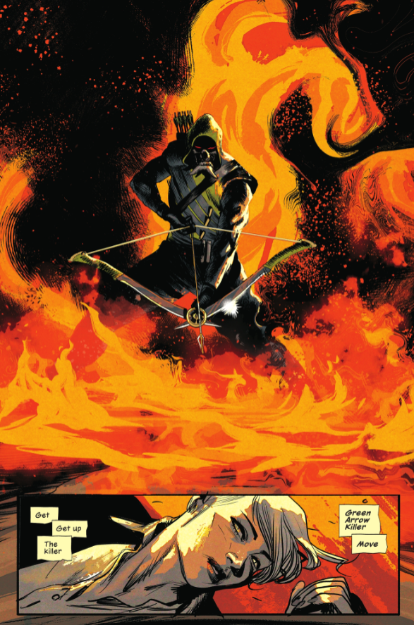Green Arrow walking through flames overlooking Dinah Lance