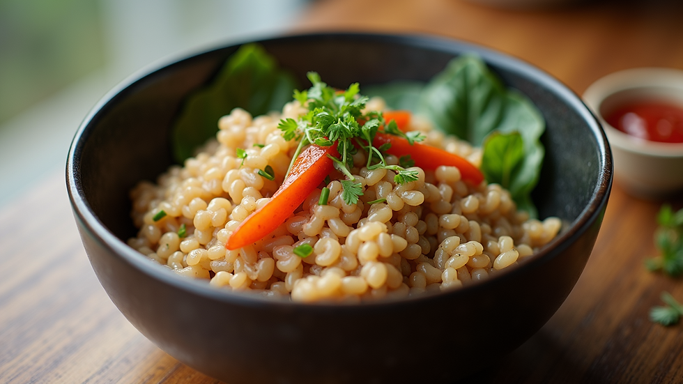 Eye-level view of a simple brown rice bowl with vegetables