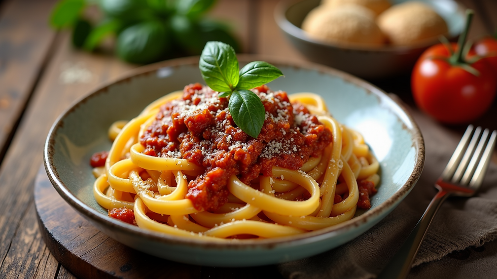 High angle view of freshly made Tagliatelle Bolognese on a rustic wooden table