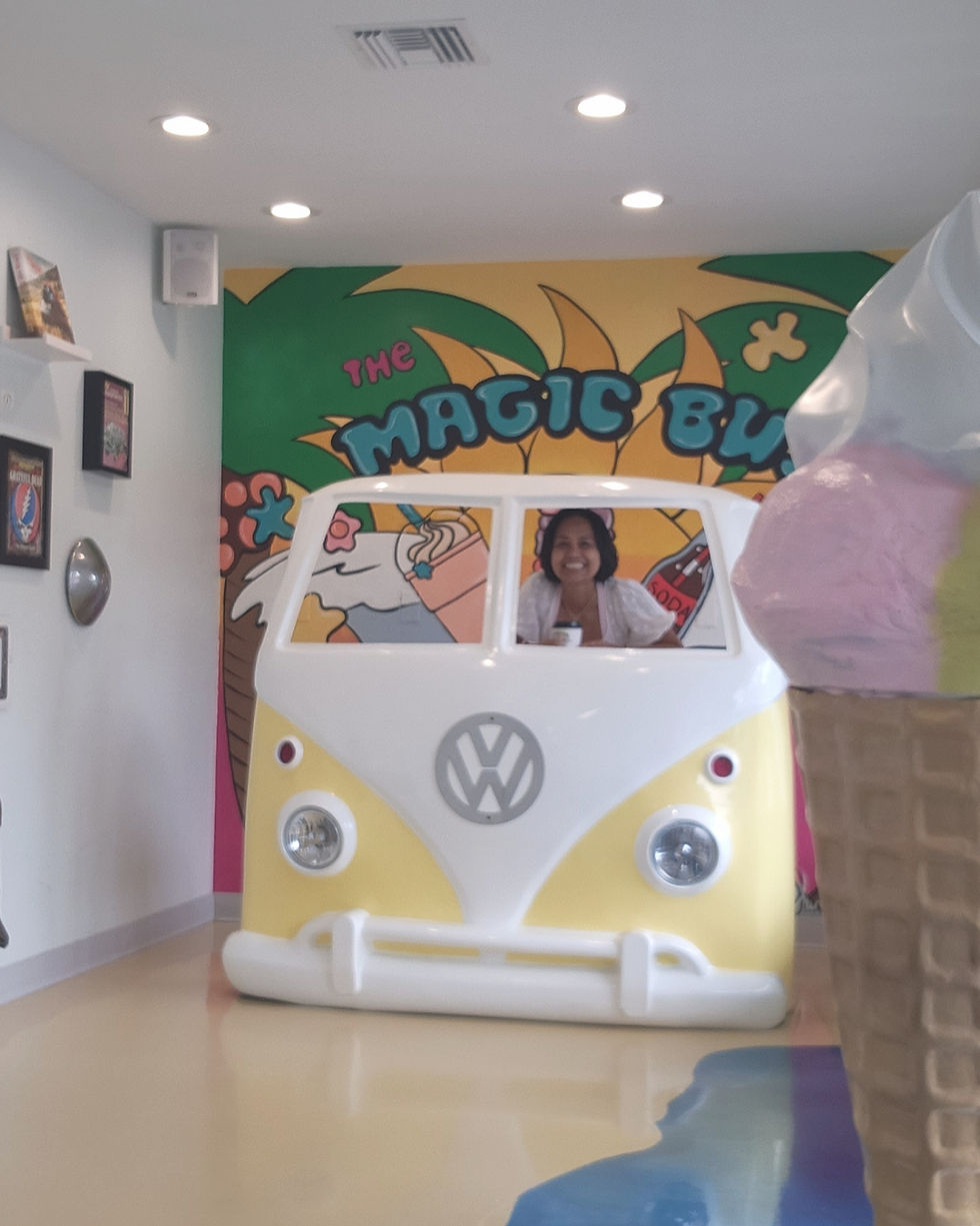 Struck a pose inside the retro van at Magic Bus—couldn’t resist the bold colors, playful vibe, and that giant ice cream cone! Sanibel knows how to serve up joy.