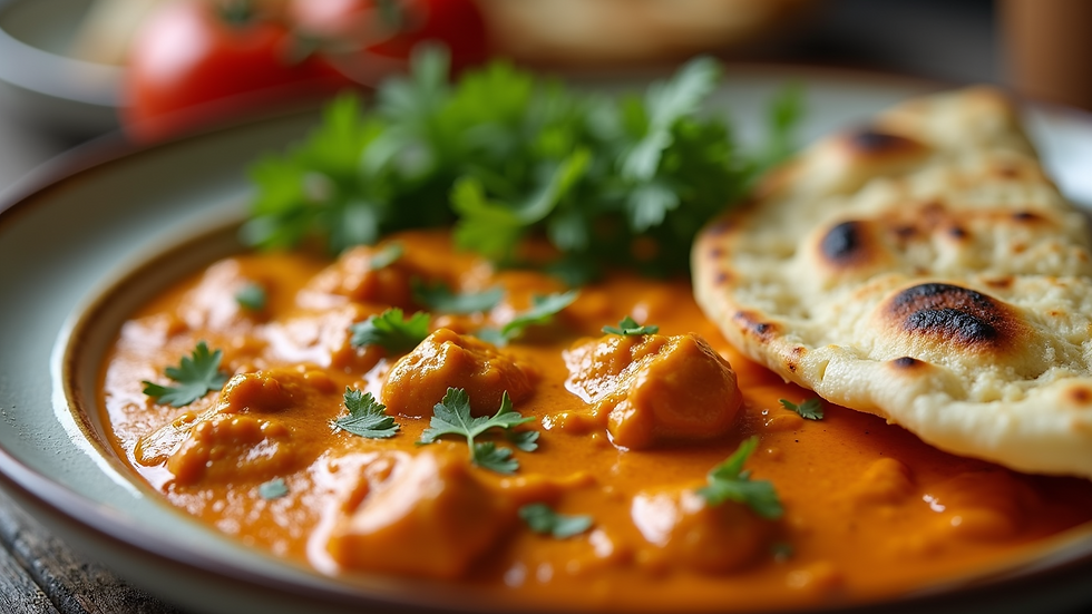 Close-up view of creamy Butter Chicken served with a piece of garlic Naan