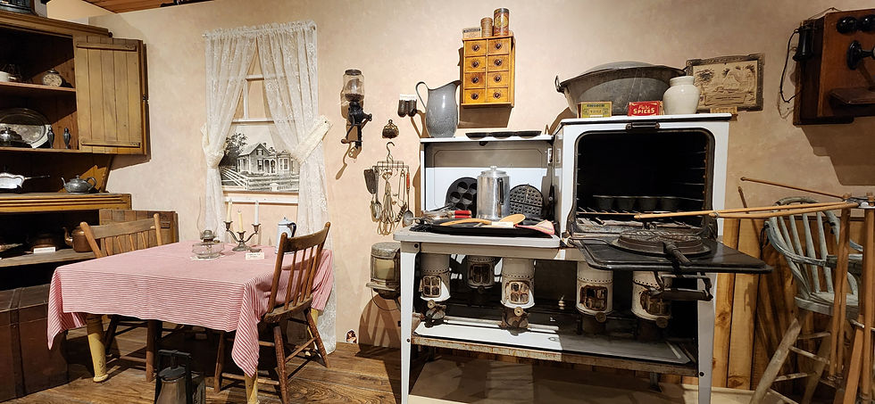 A charming vintage kitchen scene showcases early 20th-century elements, exuding nostalgic warmth and simplicity.