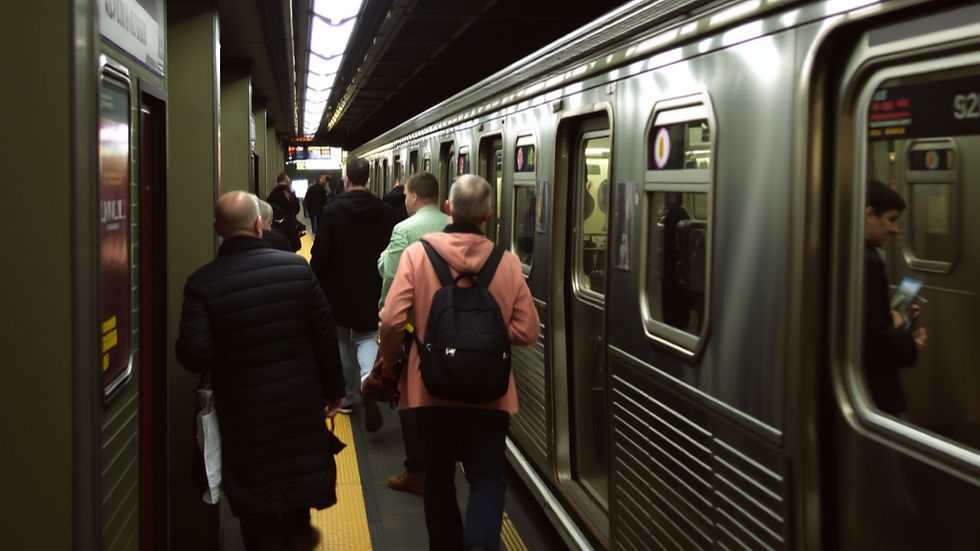 Commuters bustle across a packed subway platform, navigating to and from the train amid the vibrant city life.