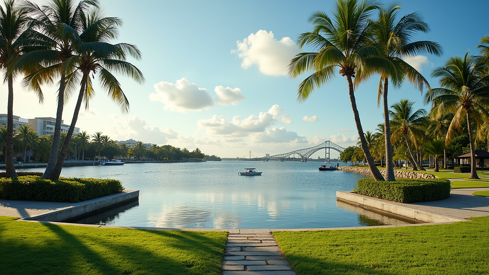 Wide angle view of the peaceful waterfront park in Coconut Grove