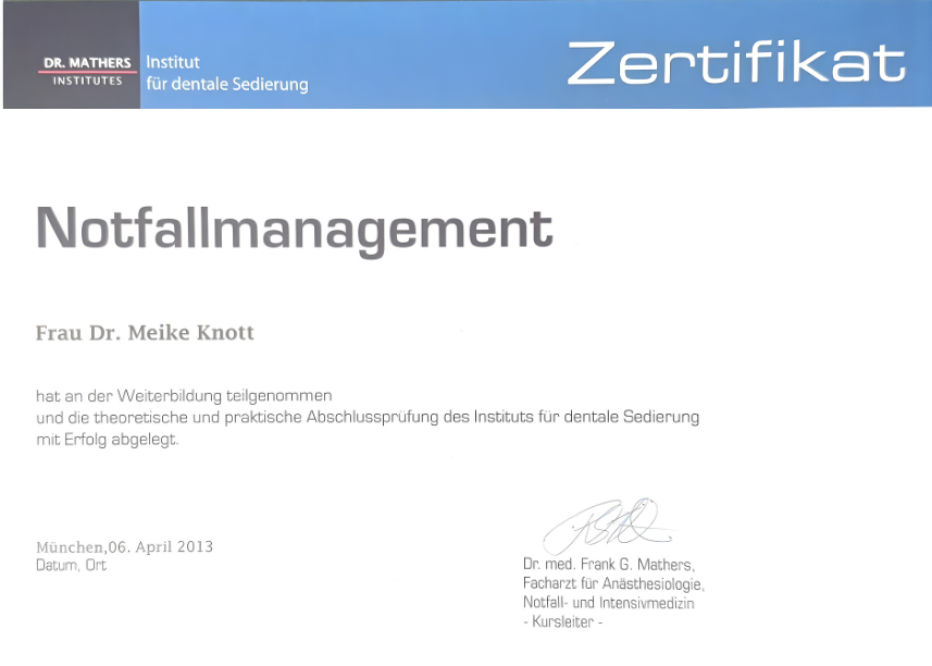 Zertifikat Dr. Knott - Notfallmanagement