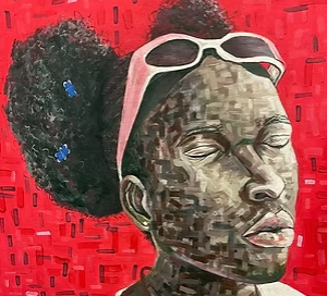 Painting of a person with textured skin, dark hair in a ponytail, wearing white sunglasses, against a bright red background.