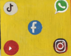 'Digital Devotion,' depicting figures on a chessboard with a colorful cube, symbolizing social media's impact on real-life