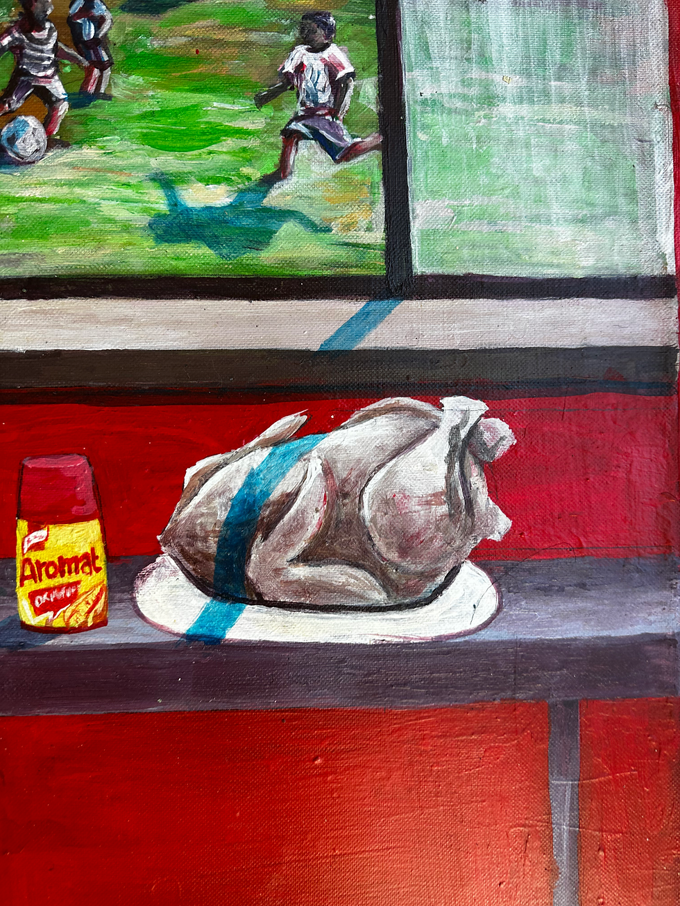 Thumbnail: Honouring a mother’s loving labor, framed by a window view of playful children and a feast awaiting family and community
