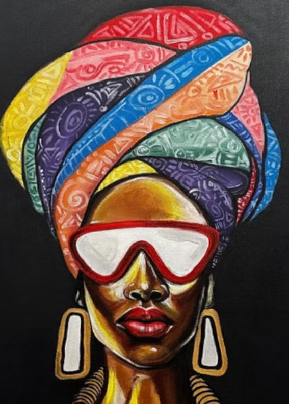 Thumbnail: Iya, a dignified African mother radiating strength and grace in her colorful headgear and bold glass Cletus Zadoc