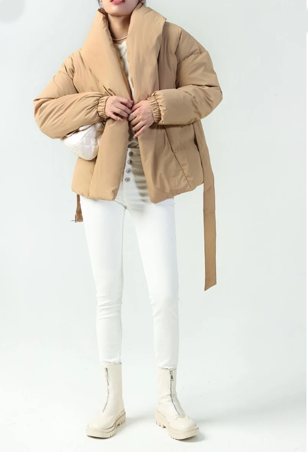 Charcoal Fashion Women Camel Water Resistant Oversized Faux Down Padded Hip Length Duvet Puffer Jacket