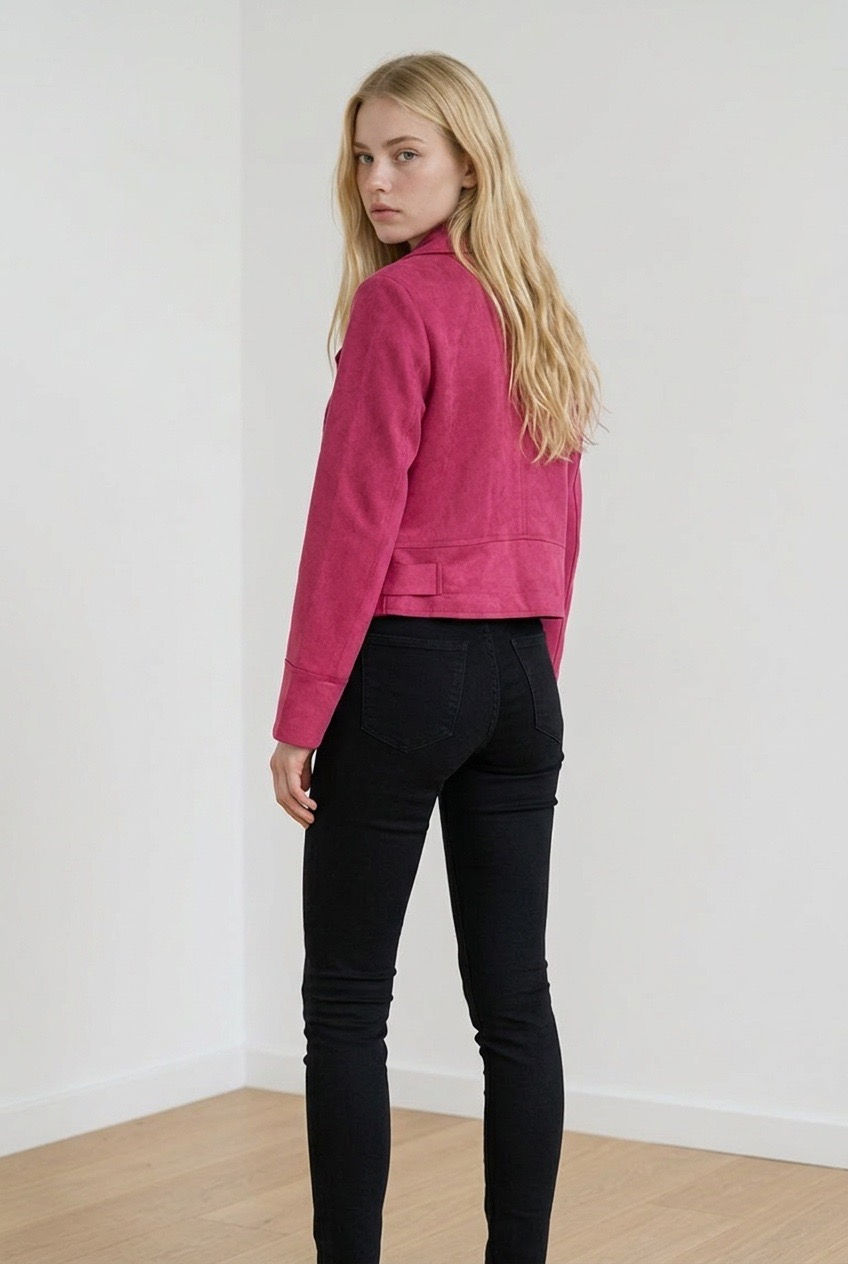 Charcoal Fashion Girl's Fuchsia Casual Faux Suede Raw Edge Lightweight Unlined Short Length Biker Jacket