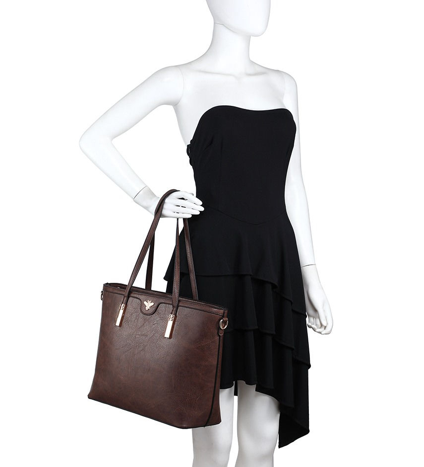 Charcoal Fashion Women's Brown Medium Leather Look Golden Bee Shoulder Tote Handbag /Colleague Bag