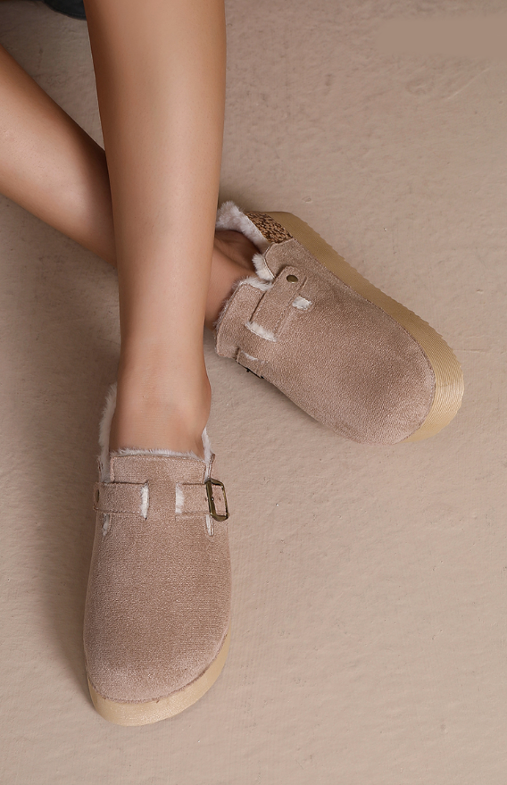 Women's Taupe Casual Faux Suede High Platform Fur Lined Buckle Clog Mule Slippers