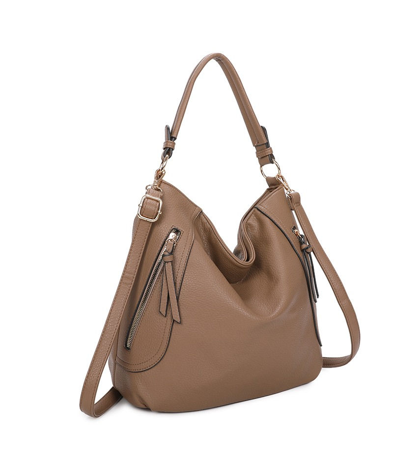Charcoal Fashion Women's Taupe Casual Zip Details Soft Leather Look Drappy Shoulder Tote Bag