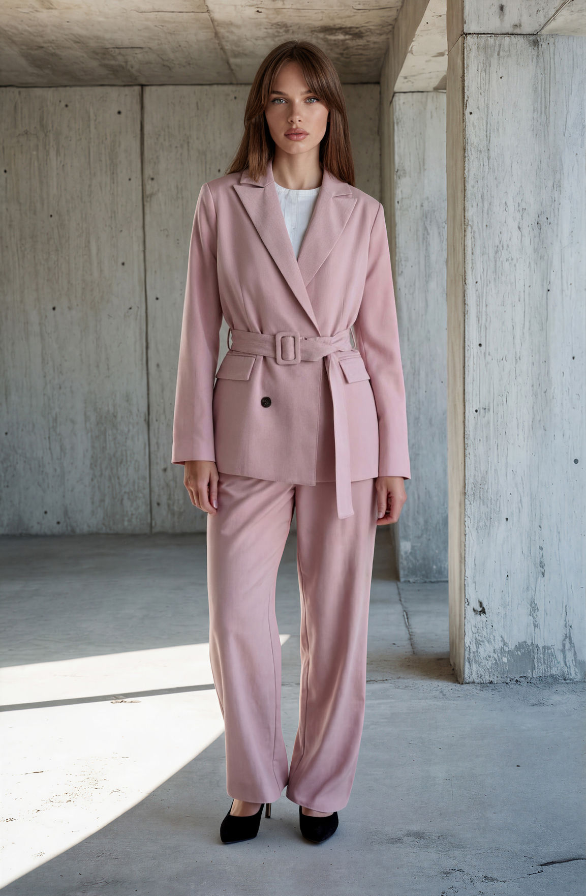Charcoal Fashion Women's Pink Semi Formal Belted Long Blazer & Wide Leg Pant 2 Pieces Co-Ord Set
