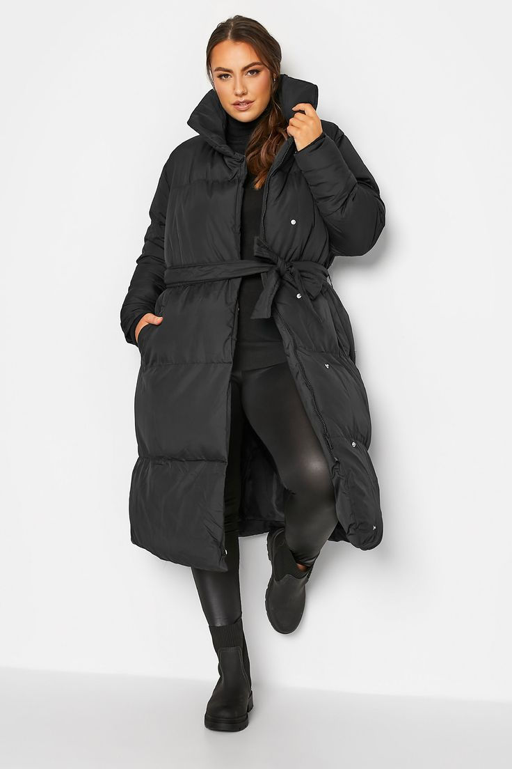 Charcoal Fashion Women's Black Water Resistant Oversized Longline Wrap Front Duvet Puffer Coat