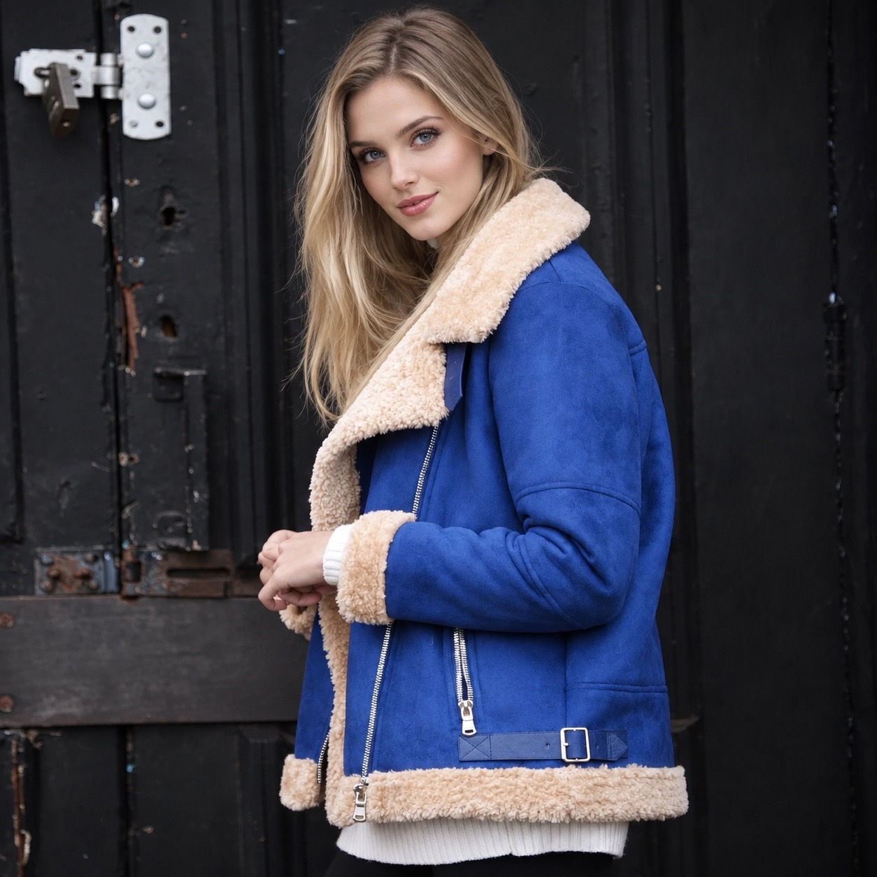 Women's Casual Loose Fit Faux Suede Shearling Sherpa Lined Aviator Biker Jacket