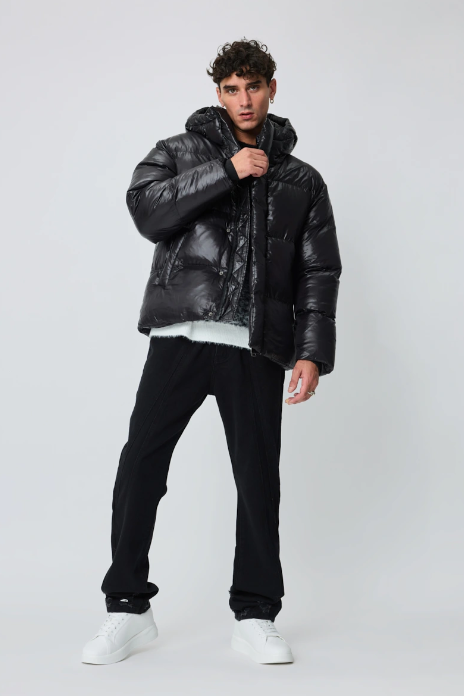 Charcoal Fashion Men's Black Casual Wet Look Water Resistant Oversized Padded Bomber Puffer Jacket