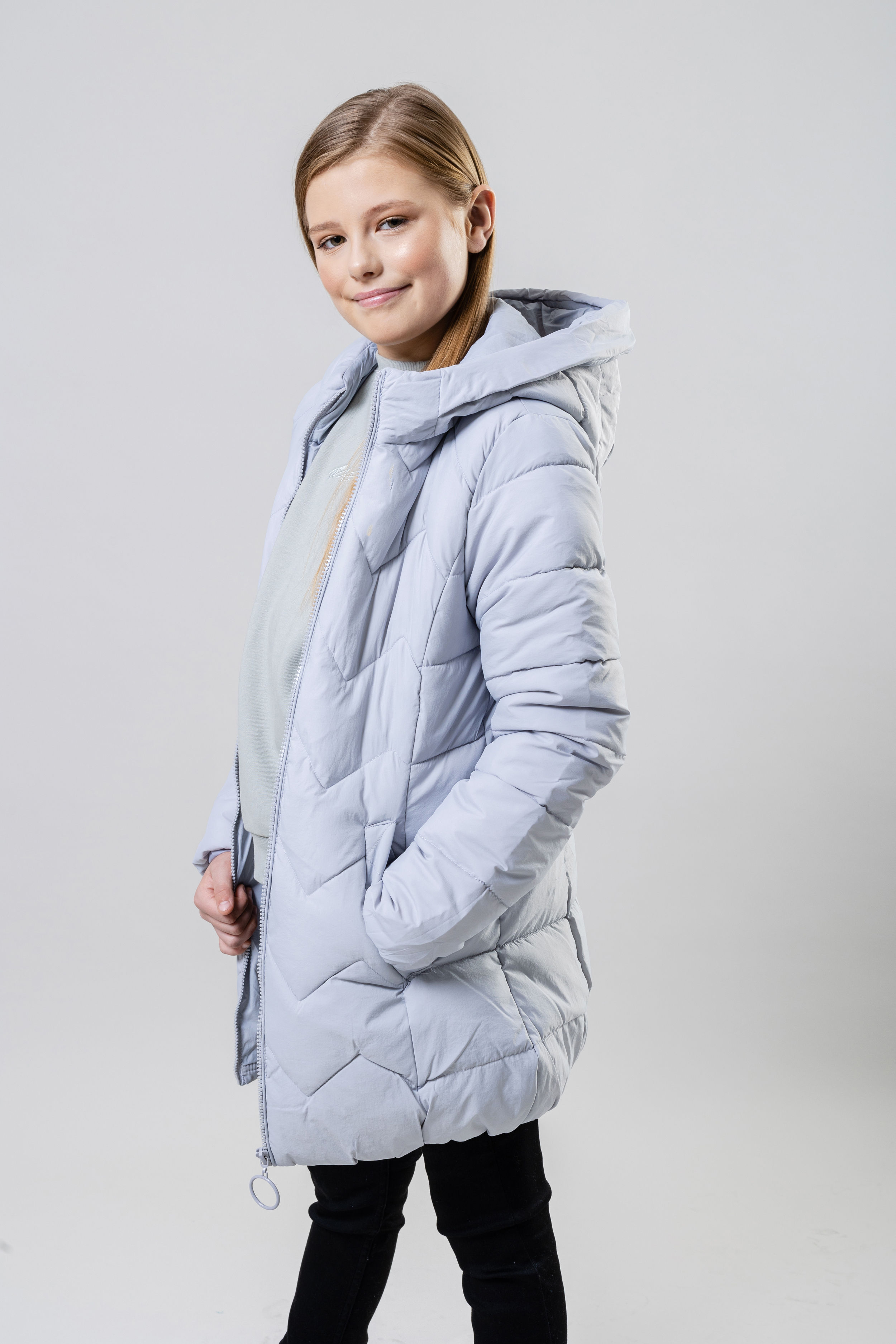 Charcoal Fashion Girl's Blue Water Repellent Zig Zag Quilted Midi Length Back to School Puffer Coat