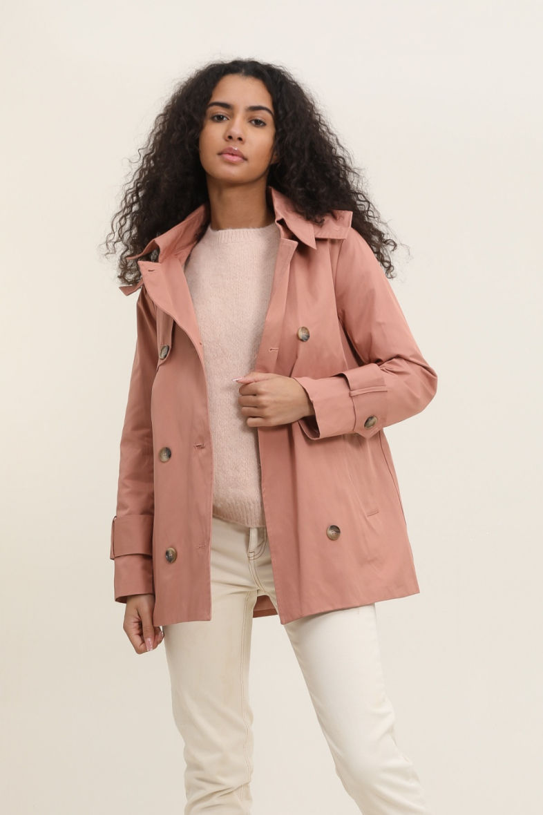 Women’s Pink Hip Length Classic Double Breasted Trench Coat/MAC & Hood