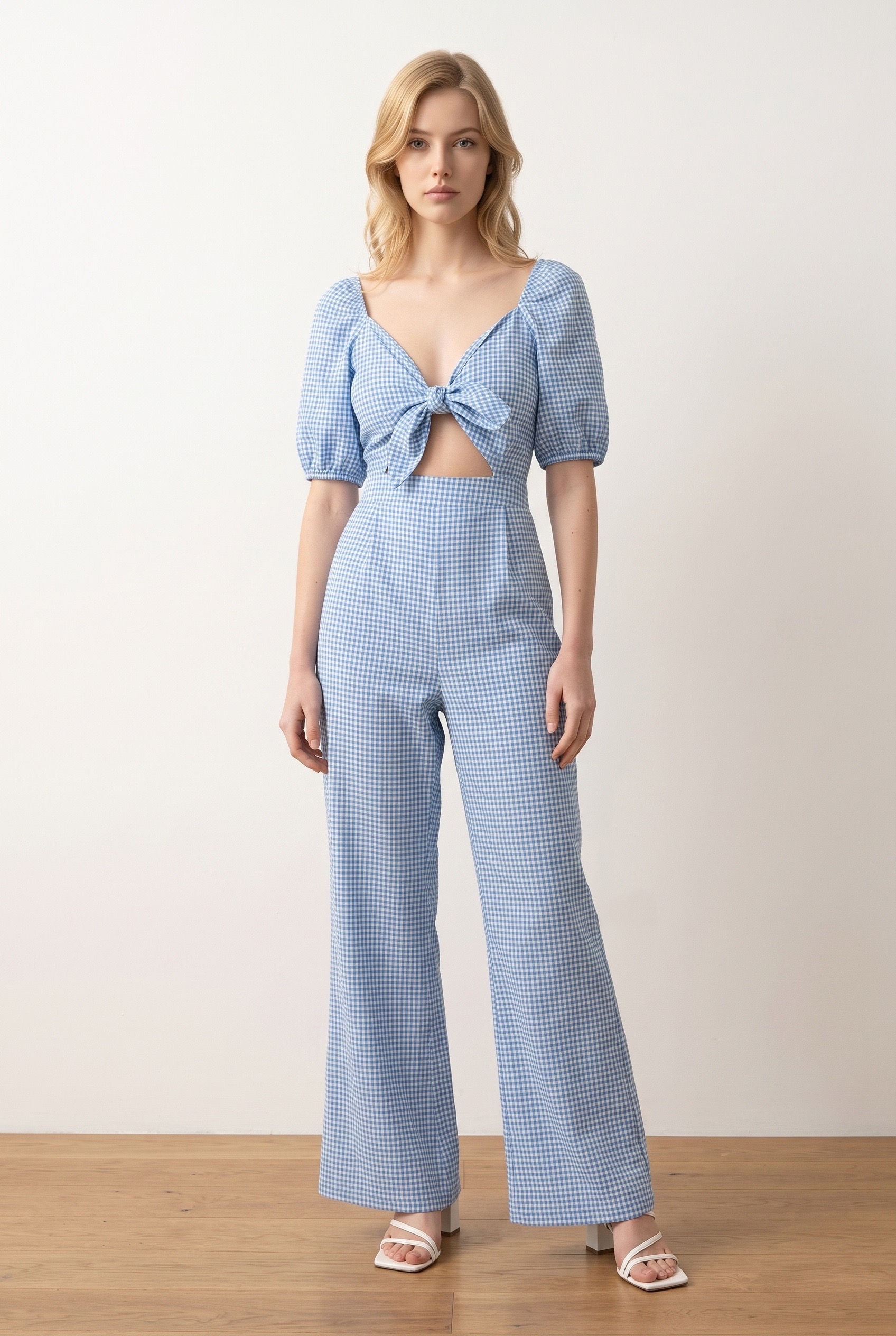 Charcoal Fashion Women Blue Cotton Blend Gingham V neck Tie Front Jumpsuit Romper