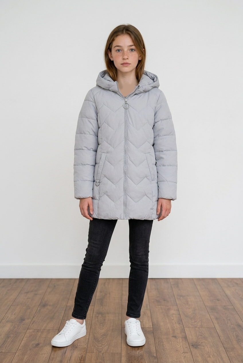 Charcoal Fashion Girl's Pink Water Repellent Zig Zag Quilted Midi Length Back to School Puffer Coat