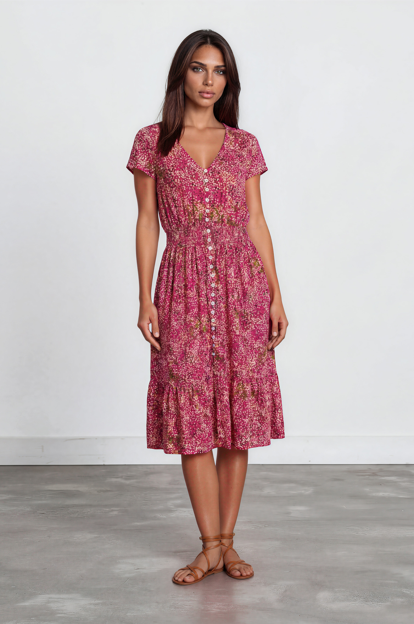 Women's Casual Pink Ditsy Floral Peplum Hem Buttons Through Peplum Midi Dress