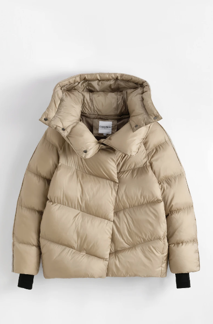 Charcoal Fashion Women's Taupe Asymmetric Front Down Feel Padded Hip Length Hoody Puffer Jacket