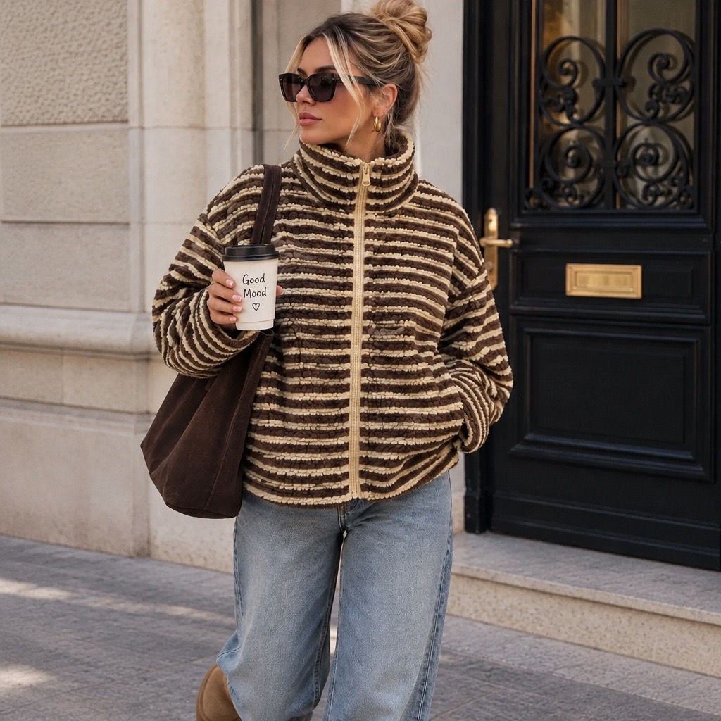 Charcoal Fashion Women's Taupe Striped Oversized Fit Zip Through Funnel Collar Sherpa Fleece Jacket