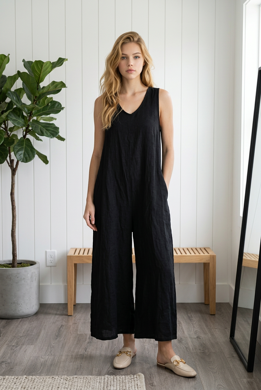 Women's Black Casual Oversized Linen Flare Wide Legs Sleeveless Jumpsuit Playsuit