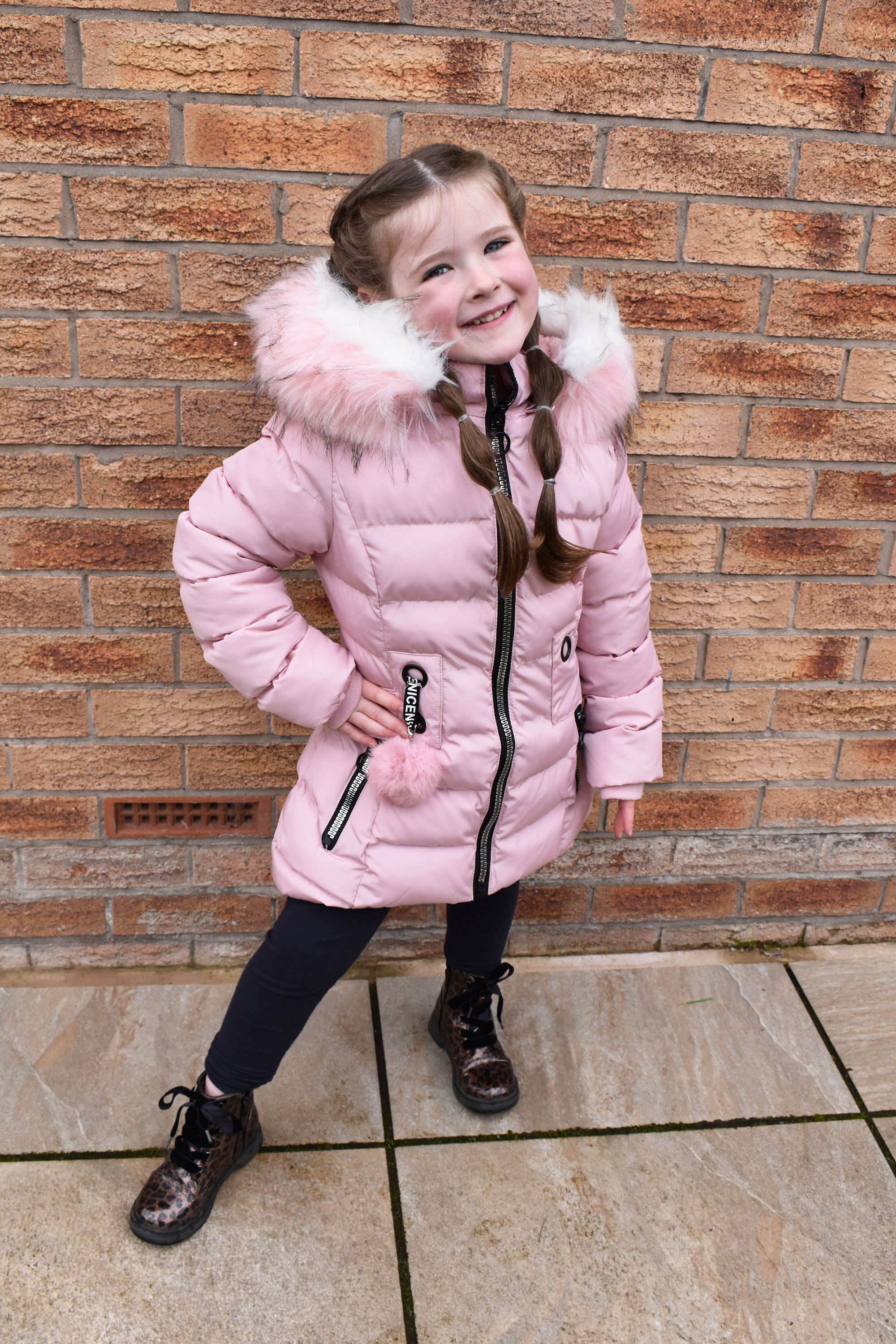 Charcoal Fashion Girl's Pink Water Repellent Faux Fur Lined Quilted Midi Puffer Coat