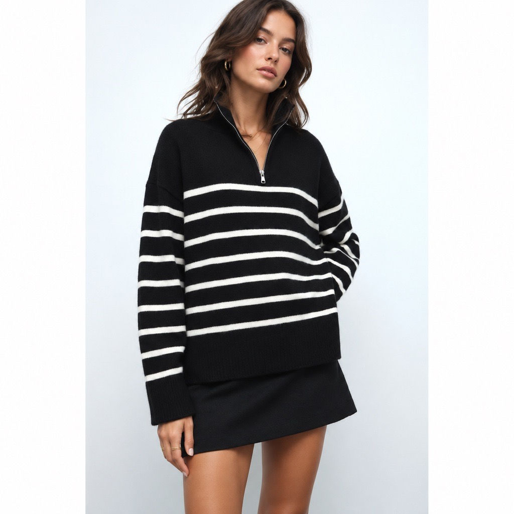 Charcoal Fashion Women's Black Casual Loose Fit Striped Half Zip Funnel Neck Wool Blend Jumpers